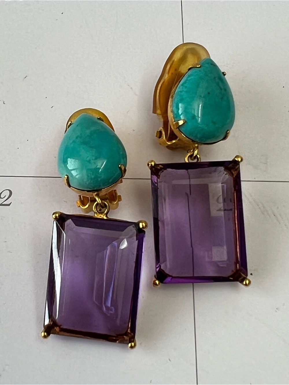 Gold-Plated by Bounkit Vintage  Teardrop Turk and Amethyst  Clip-On Earrings